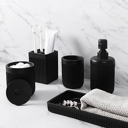 XLHOMO Resin Matte Black Bathroom Accessories Set 5 Pcs, Lotion Soap Dispenser, Toothbrush Holder, Bathroom Tumbler, Qtip Holder and Vanity Tray, Bathroom Countertop Organizer Set for Home Apartment - color: Black, size: Resin Bath Set