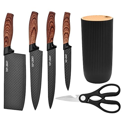 Knife Set, Wiztoynia 6-Piece Black Kitchen Knife Set for Home, Anti-Rust Non-stick Stainless Steel Sharp Chef Knife Set with Universal Knife Block for Kitchen, Ergonomical Design (Black) - color: Black
