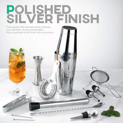 Homestia Cocktail Shaker Set Bartender Kit : 12-Pieces Bar Tool Set Barware | Stainless Steel Bar Set Accessories, 18 oz/28oz Weighted Boston Shaker Tins, Martini Shaker Mixing Tools for Home Bartending - color: Silver