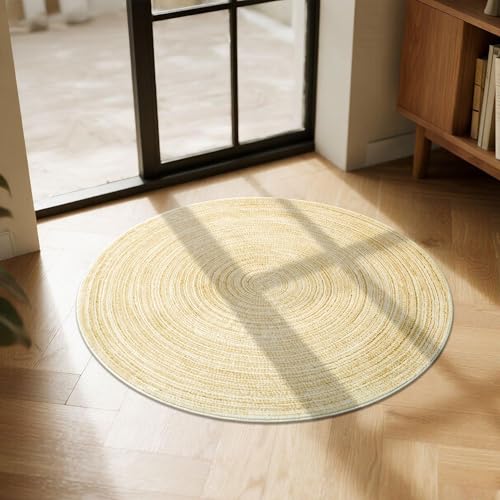 Carvapet 2ft Round Rug Faux Jute Washable Low Pile Carpet | Faux Jute Texture with Washable Low Pile Surface and Non Slip Rubber Backing for Entryways, Bedrooms, Vanities and Bathrooms - color: S-yellow, size: 2' (Round)