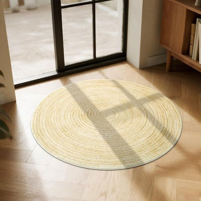 Carvapet 2ft Round Rug Faux Jute Washable Low Pile Carpet | Faux Jute Texture with Washable Low Pile Surface and Non Slip Rubber Backing for Entryways, Bedrooms, Vanities and Bathrooms - color: S-yellow, size: 2' (Round)