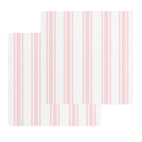 Pink Striped Dish Towels Set, Waffle Weave Kitchen Towels 2 Pieces, Farmhouse Aesthetic Modern Stripes Microfiber Hair Face Bath Tea Towel Absorbent Quick Drying Cleaning Dish Cloths, 12"x12" - color: Pink, White, Blush, size: 2PCS,12"x12"