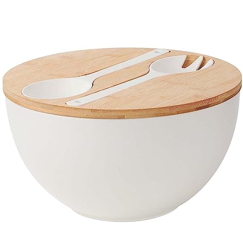 12.6" Extra Large Salad Serving Bowl Set with Wooden Lid&Utensils, 8.4Qt. Bamboo Fiber Salad Bowl with Servers for Kitchen, Lightweight Big Bowl White for Mixing Salad,Fruit,Pasta - color: Matte White, size: 12.6 inch