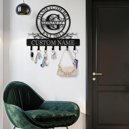 Personalized Key Holder, Family Names & Initial Key Holder Wall Mount | Custom Key Rack Holder for Wall, Metal Key Hooks Monogram Design, Key Hanger for Hallway Bedroom, Anniversary Couple Gift - color: 09 Monogram