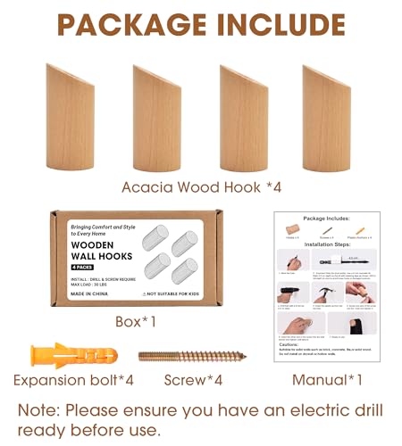 Wood Wall Hooks, 4 Pack Heavy Duty Coat Hooks – Farmhouse Rustic Entryway & Bathroom Hooks for Hats, Towels, Bags, Clothes, Fits Drywall, Angled Beech Wood - color: Beech Wood, size: Angled 4-Pcs
