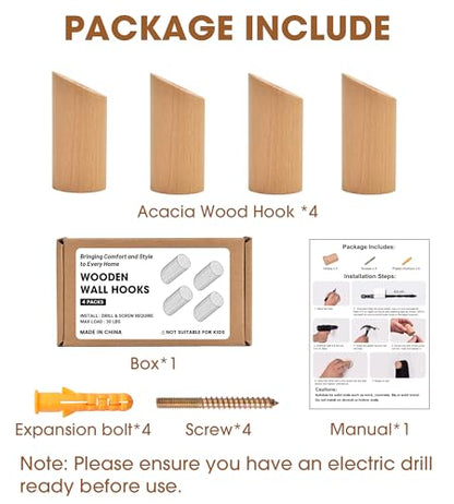Wood Wall Hooks, 4 Pack Heavy Duty Coat Hooks – Farmhouse Rustic Entryway & Bathroom Hooks for Hats, Towels, Bags, Clothes, Fits Drywall, Angled Beech Wood - color: Beech Wood, size: Angled 4-Pcs