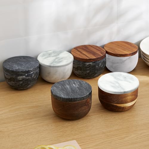 jalz jalz White Marble Salt Cellar with Wood Lid, Large 10oz & Spoon - color: Natural Cover White Base