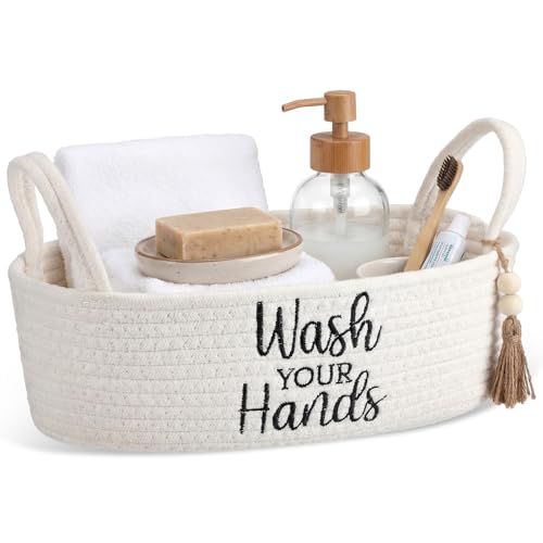 Wash Your Hands Bathroom Decoration Beige Cotton Rope Toilet Basket Toilet Paper Holder Basket Rustic Bathroom Organizer Farmhouse Home Decoration Organizing Small Baskets - color: Beige, style: Wash Your Hands