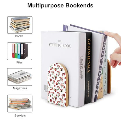 Wooden Book Ends with Metal Base Bookends Supports for Shelves, Ladybug | Cute Red Flower Green Leaves, Non-Slip Book Stoppers for Magazines, Books, DVDs, Small, 1 Pair - color: Style(513)