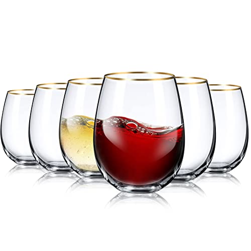 Mimorou Stemless Wine Glasses & Gold Rim, Set of 6, 17 oz Red Wine Glasses | Gold Rimmed, Elegant Style, Stable Base Prevents Tipping, for Wedding Party Events or Daily, as a Housewarming Gift