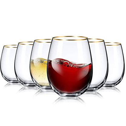 Mimorou Stemless Wine Glasses & Gold Rim, Set of 6, 17 oz Red Wine Glasses | Gold Rimmed, Elegant Style, Stable Base Prevents Tipping, for Wedding Party Events or Daily, as a Housewarming Gift