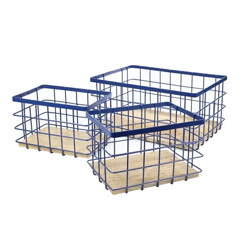 happimess Evvie 3-Piece Wire Metal Wood Nesting Baskets 15", Navy/Natural | Handmade Mango Wood Base, Vintage Farmhouse Industrial Style, Open Mesh Bin For Shelves Pantry Countertop, Mild Steel - color: Navy/Natural