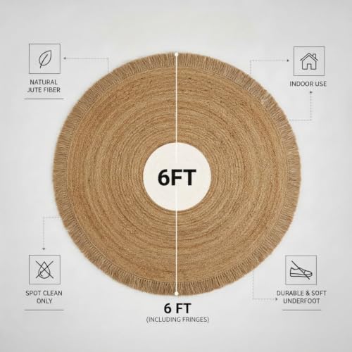 Hand Woven Jute Round Rug, Natural Reversible Boho Area Rug for Entryway, Kitchen, Living Room and Bedroom I Farmhouse Indoor Floor Rug - 6ft, Circular - size: 6' (Round)