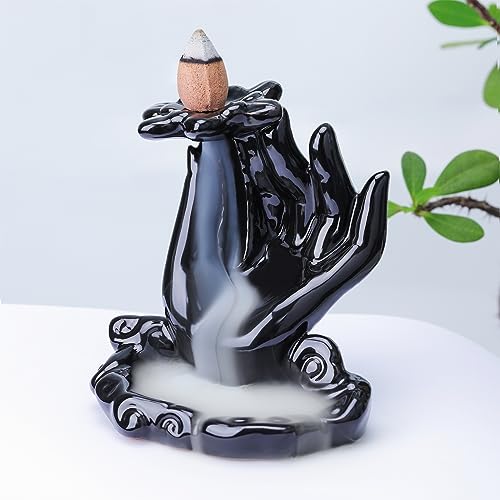 Buddha Hand Backflow Incense Burner, Waterfall Incense Burner, Ceramic Incense Fountain Buddha Incense Holder, Incense Cone Burner for Yoga Meditation and Home Decor - color: Bergamot Backflow Incense Burner