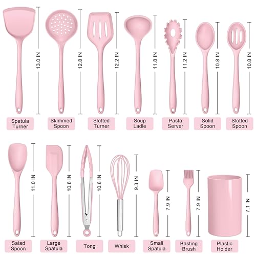 HaWare Kitchen Utensils, 14 PCS Silicone Cooking Utensils Set, Heat Resistant Kitchen Utensils for Non-stick Cookware, Kitchen Gadgets Tools with Spoons, Spatulas, Whisk, Dishwasher Safe (Pink) - color: Pink