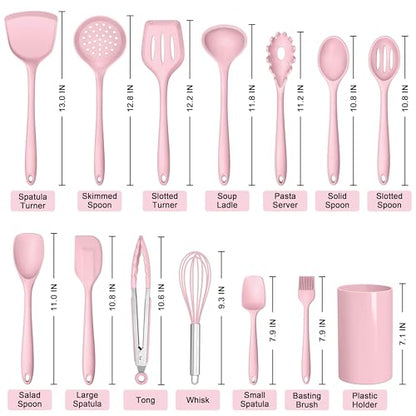 HaWare Kitchen Utensils, 14 PCS Silicone Cooking Utensils Set, Heat Resistant Kitchen Utensils for Non-stick Cookware, Kitchen Gadgets Tools with Spoons, Spatulas, Whisk, Dishwasher Safe (Pink) - color: Pink