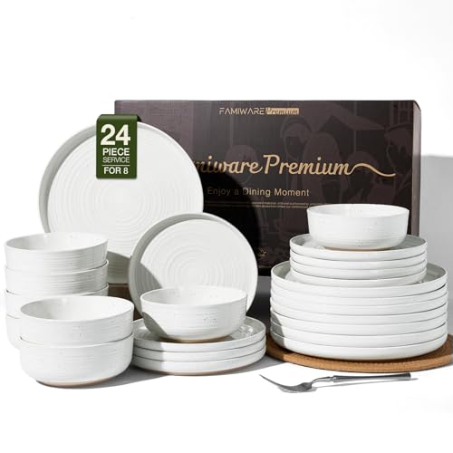 Stoneware Dinnerware Set for 8, Plates and Bowls, White | 24 pcs Speckled Spiral Coupe Dishes, Chip & Scratch Resistant Everyday Ceramics, Microwave & Dishwasher Safe, Farmhouse Style - color: White, size: Service for 8 (24pc)