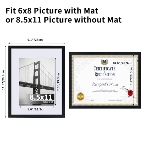 CRUGLA 8.5x11 Picture Frames Set of 11, Display Pictures 6x8 with Mat or 8.5 by 11 without Mat, Certificate Diploma Photo Wall or Tabletop Display, Black - size: 8.5x11 Inch