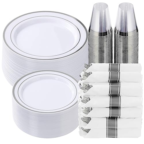 350 Piece Silver Plastic Dinnerware Set for 50 Guests | Disposable Dinnerware Includes: 50 Dinner Plates, 50 Dessert Plates, 50 Pre Rolled Napkins with Silver Silverware, 50 Cups - color: Silver, style: 350 Piece (50 guests)