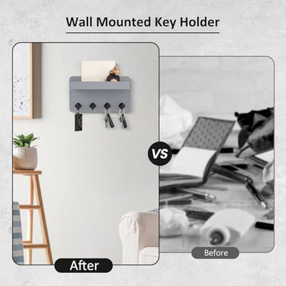 Nekon Key Holder Wall Mount, 8.5 Inch Small Wooden Wall Organizer, Gray | Rustic Wall Shelf, Farmhouse Key and Mail Holder for Living Room Entryway Kitchen - color: Gray
