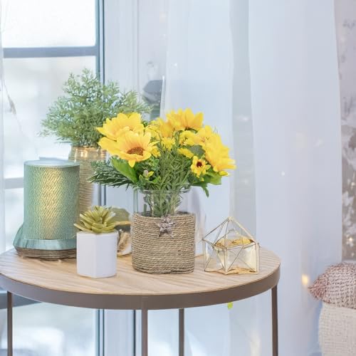 Rustic Seagrass Glass Vase, Rattan Flower Vase, Boho Vases for Decor, Wicker Dining Table Vases, Rattan Woven Tea Light Candle Holder Decor, Decorations for Farmhouse/Living Room/Bedroom (Seagrass)