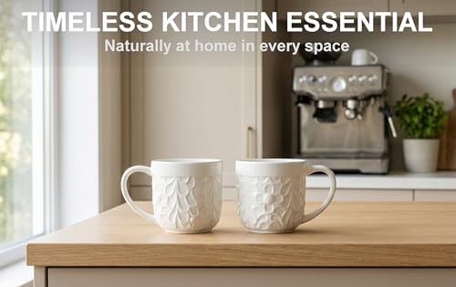 25DOL Small 3.3 Oz Ceramic Espresso Cups Set of 2 - White Cappuccino Cup with Nature Engravings and Comfort-Grip Handle - Expresso Coffee cups, Lead-Free Shot Mugs, Safe for Dishwasher, Microwave