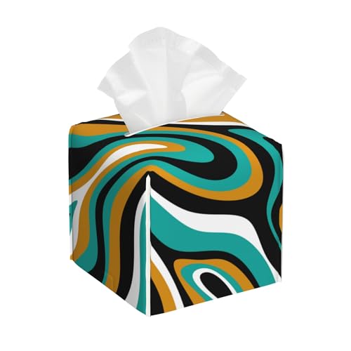 Liquid Stripes Square Tissue Box Cover Brown and Black Abstract Wave Line Tissue Box Holder Facial Cube Paper Dispenser Leather Decorative Organizer Home Office Desk Decor, 5.2"x5.2"x5.2" - color: Brown and Black Abstract Wave Line