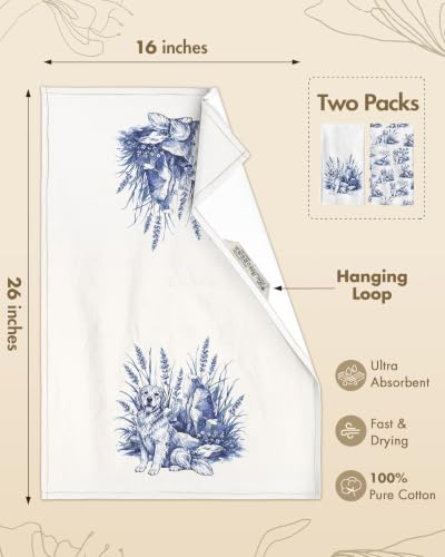 Flour Sack Kitchen Towels Set of 2, 18x26 Inch, Golden Retriever | 150GSM Cotton, Lint-Free, Quick Dry, Hanging Loop, Lightweight Tea Towels, French Home Decor, Chinoiserie, Housewarming Gift - color: Golden Retriever