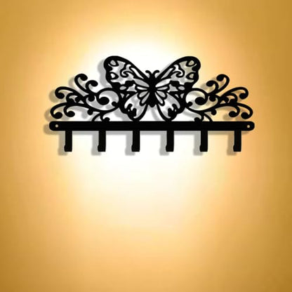 Butterfly 6‑Hook Black Metal Wall Rack, Entryway Organizer for Keys Coats Hats Towels Decor