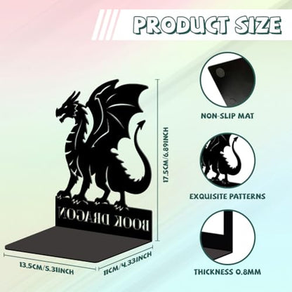 5.3"x4.3"x6.9" Metal Bookends, Heavy Duty Book Ends for Shelves | Dragon Theme Cast Iron Book Supports, 1 Pair Decor Stoppers for Desk, Library, Office & Home Shelves - style: Dragon