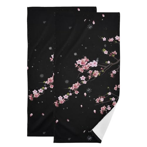 2 Pack Pink and Black Cherry Blossom Hand Towels for Bathroom,Absorbent Rustic Japanese Plum Floral Bouquet Fingertip Guest Decorative Bath Towels,Soft Dish Towels for Kitchen Decor 14"x28" - color: Black Pink