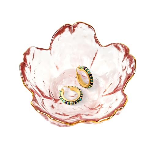 Glass Ring Holder Dish, Flower Jewelry Trinket Tray, Golden-Edged Pink | Decorative Ring Dish for Rings, Earrings, Necklaces and Keys, Cute Vanity Organizer for Bathroom, Dresser and Nightstand - color: Golden-edged pink