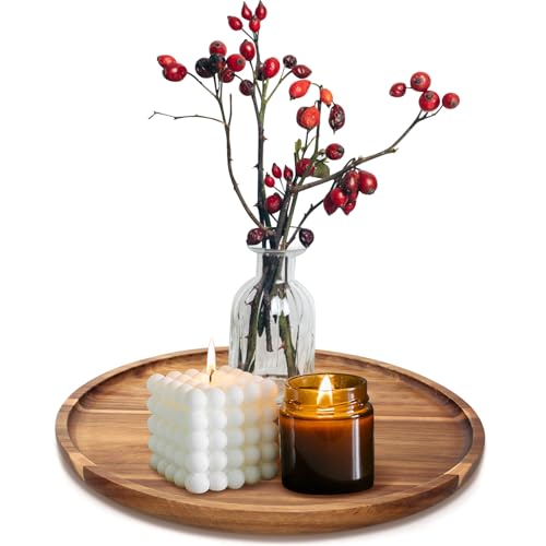 Acacia Round Wood Serving Tray for Ottoman Coffee Dining Table Decorations | Large Wooden Decorative Tray Kitchen Counter Island Home Decor Circle Candle Holder Trays Living Room Centerpiece Accessories - color: Acacia Wood, size: 12"