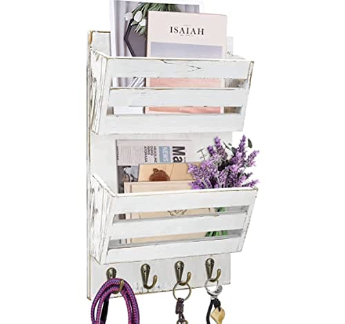 Unistyle Mail Holder with Key Hooks Mail Organizer Wall Mount Hanging Mail Organizer for Home,Office,Entryway,Mail Holder Wall Mounted for Letter, Magazines, Keys, Leashes - color: Rustic White