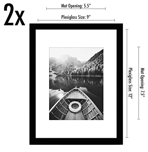 Americanflat 9x12 Picture Frame 2-Pack - Matted to 6x8 - Black | Slim Molding construction, Polished plexiglass front, wall or tabletop display with included easel, sawtooth hangers included - color: Black, size: 9x12