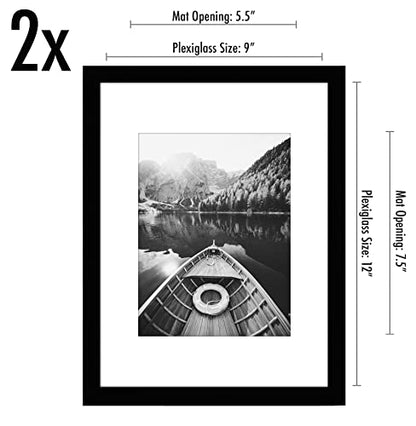 Americanflat 9x12 Picture Frame 2-Pack - Matted to 6x8 - Black | Slim Molding construction, Polished plexiglass front, wall or tabletop display with included easel, sawtooth hangers included - color: Black, size: 9x12
