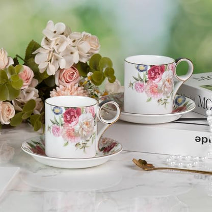 KAMMAK Tea Cups and Saucers Set of 2, Porcelain Coffee Cups, JBE014 | Stackable Espresso Mugs, Ceramic Demitasse for Coffee, Cappuccino, Latte, Americano, Tea - size: 8CZJBE014