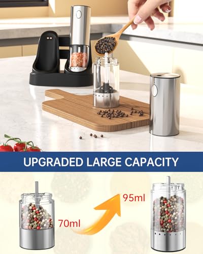 CIRCLE JOY 2-Speed Electric Salt and Pepper Grinder Set Rechargeable Stainless Steel Pepper Mills with Charging Base, LED Light and External Adjustable Coarseness for Hygienic Easy Use - color: Silver
