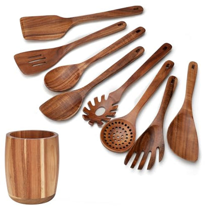 9 PCS Kitchen Utensils Set - Wooden Spoons for Cooking, Natural Teak Wooden Utensils - Includes Wooden Spoons, Spatula Set, Slotted Spoon - Handmade Wooden Spoon Set | Heat Resistant, Non-Scratch, Safe for Nonstick Pan, Easy to Clean, Daily Cooking Use,Sm