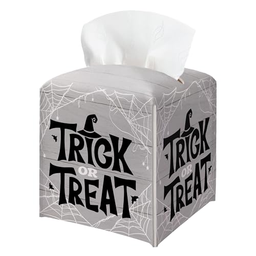 Halloween Trick Or Treat Tissue Box Holder, Spider Web Grey Leather Tissue Box Cover Square, Facial Paper Organizer Dispenser Toilet Paper Holder for Bathroom Kitchen Office Home Decor-A09 - color: Grey02
