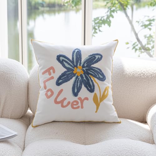 YIcabinet Pillow Covers Set of 2, Embroidered Blue Flower Pattern Throw Pillow Cover,Square Cotton Cushion,Pillow Case for Sofa Bedroom Couch,18"x18" - color: Blue18
