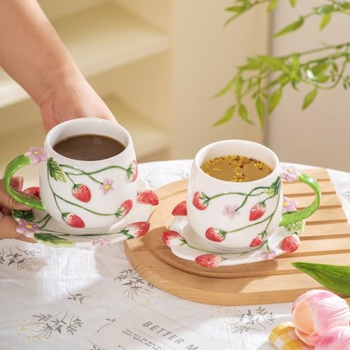 Noviko Strawberry Tea Cup with Saucer Ceramic Strawberry Coffee Mug (1, A)