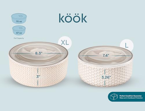 KooK Serving Bowls, with Lids, Ceramic Nesting Bowls, Set of 4, Embossed, Kitchen, Prep, Stackable, Gift, Microwave and Dishwasher Safe, 16/29/47/70 oz, Narbonne Collection (Ivory) - size: 70 Oz