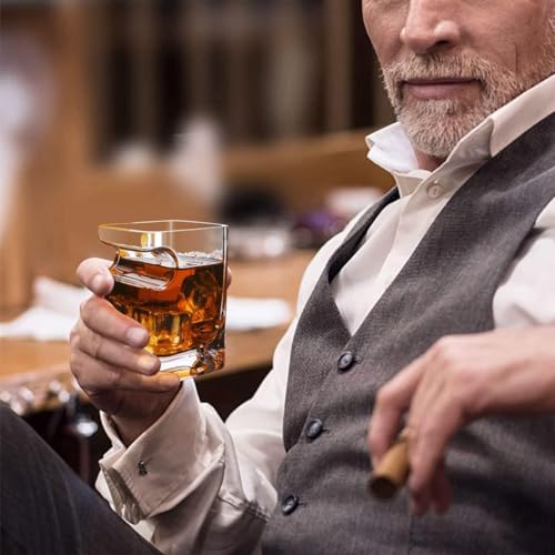 Cigar Whiskey Glass with Cigar Holder - 12oz Old Fashioned Glass with Side Mounted Rest - Bourbon Glass Cigar Accessories with Whiskey Stones and Recipe, for Men/Husband