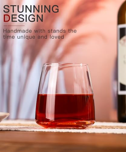 Stemless Wine Glasses Set of 6-15oz【Hand-Blown】 Durable Red White Wine Glasses,Unique Crystal Gifts for Him/Her for Wedding, Birthday,Father's Day - style: 6 Count (Pack of 1)