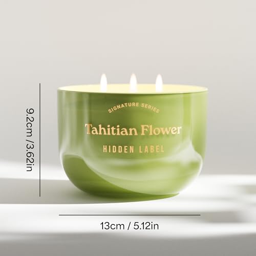 Hidden Label Tahitian Flower Candle, 18oz 3 Wick, 70H Tropical | Sage Green Glass Bowl | Mirror Gold Lid | Exotic Floral Scent | Non Toxic Soy Wax - color: Tahitian Flower