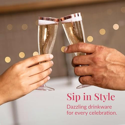 Prestee Set of 24 Plastic Champagne Flutes Disposable - Silver Glitter Pink Champagne Glasses with Rose Gold Rim, Elegant Toasting Cups for Weddings, Cocktail Parties, New Year's Celebrations - color: Rose Gold Rim/Glitter, size: 24 Count (Pack of 1)