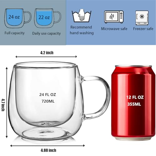 Large Double Walled Glass Coffee Mugs Beer Cups 24oz set of 2, Insulated Clear Borosilicate Glass Tea Lemonade Cups with Handle - color: 24OZ-SET OF 2