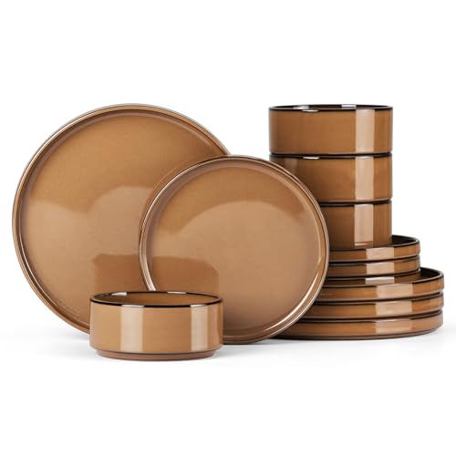 Onader Stoneware Dinnerware Sets for 4, Plates and Bowls with Unglazed Terracotta Bottom, Elegant Kitchen Ceramic Dish Dishware Set, Reactive Glaze 12 Piece - Earthy Umber - color: Earthy Umber