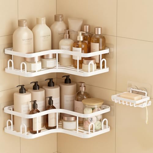 Veken Corner Shower Caddy 3-Pack, Advanced Rustproof Design&Stable Storage | No Drilling Adhesive Shelves, Rack with Soap Holder & Hooks, Thickened Metal Frame, Bathroom Organizers and Storage, White - color: White